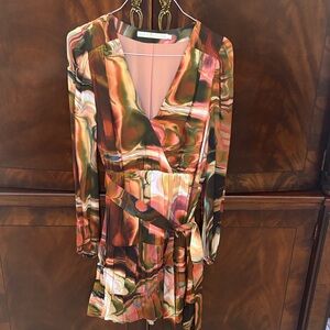 Marie Oliver Pink, Green & Brown Abstract Long-Sleeve Wrap Dress